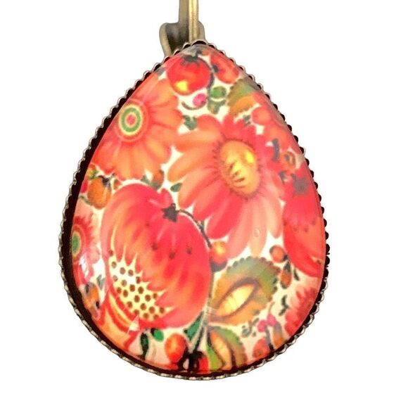 Japanese Style Red Kimono Earrings, Teardrop Flower & Fruit Earrings, Unisex - Picture 1 of 13